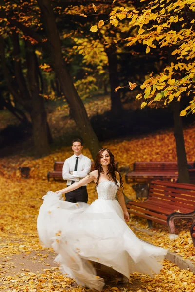 Le rotazioni di sposa su un passaggio in un parco coperto con tappeto di l d'oro — Foto Stock