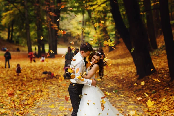 Sposo abbraccia una sposa sotto la doccia di foglie d'oro — Foto Stock