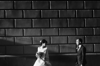 Gelin ve damat bir tuğla duvarın arkasında ayrı stand 