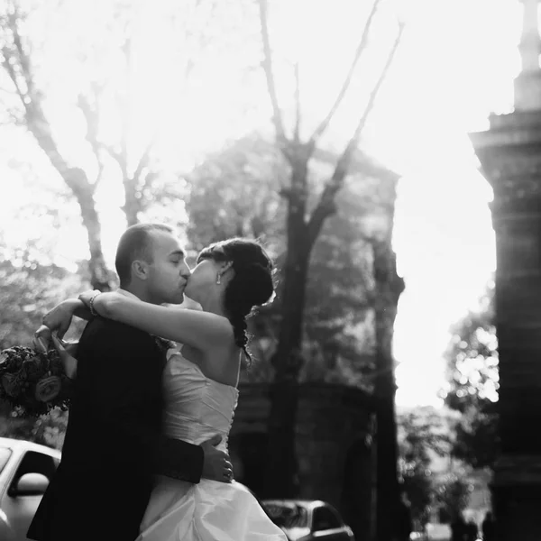 Una imagen en blanco y negro de los recién casados besándose en algún lugar de la —  Fotos de Stock