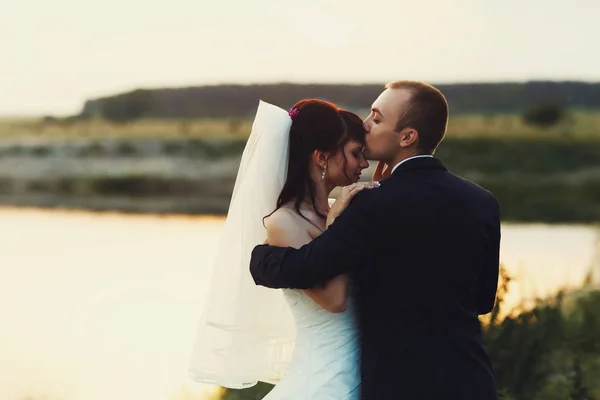 Groom kisses bride's forehead standing with her on the lake's sh — Stock Photo, Image