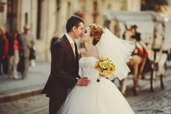 Groom holds bride's waist tender kissing her on the old European — Stock Photo, Image