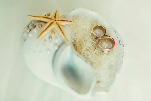 Anéis de casamento estão em um cockleshell branco com pequenas pérolas — Fotografia de Stock