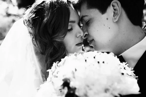 A peacefull moment before a kiss between newlyweds — Stock Photo, Image