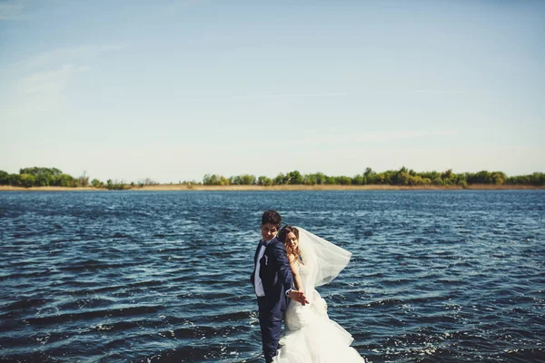Newlyweds stand back to back on the estuary shore — Stock Photo, Image