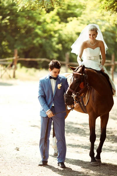 Groom está andando com a noiva no cavalo — Fotografia de Stock