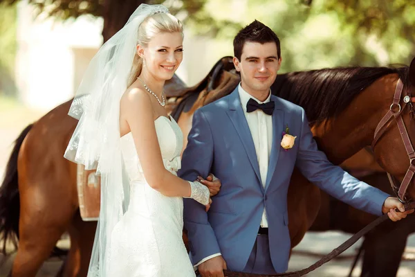 Sorriso da noiva ao lado de um noivo e um cavalo — Fotografia de Stock