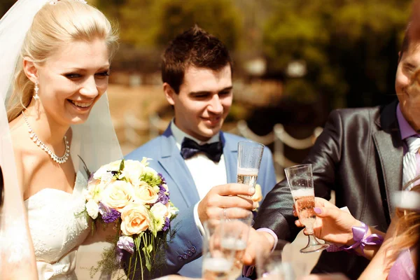 Cheers with the newlyweds after wedding ceremony — Stock Photo, Image