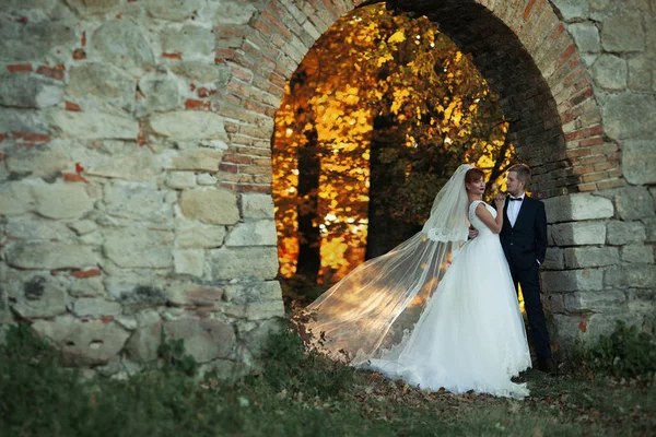 Brudar stå nära archway i parken — Stockfoto