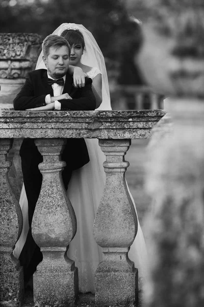 Die charmanten Bräute stehen auf dem Balkon — Stockfoto