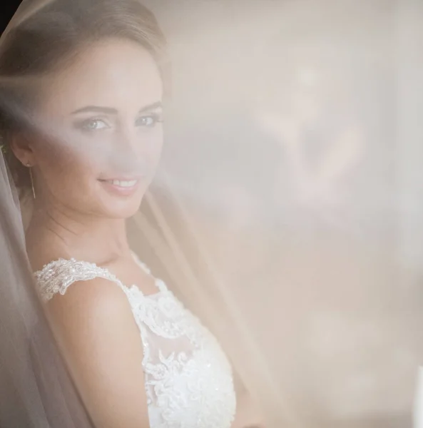 A noiva encantadora fica na tela branca — Fotografia de Stock