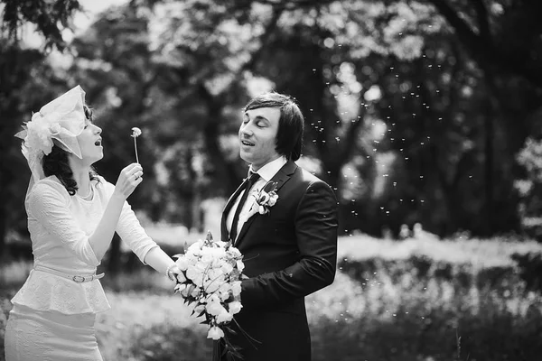 Black and white picture of a stylish bride blowing dandelion on — Stock Photo, Image