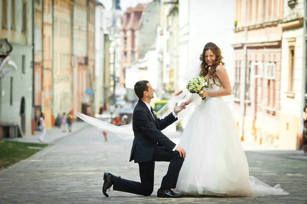 Bir gelin önce diz üzerinde duran bir damat üzerinde güneş parlıyor — Stok fotoğraf