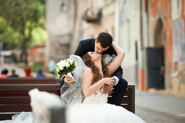 Mariée se penche vers un marié pour un baiser alors qu'il est assis sur le dos d'un — Photo