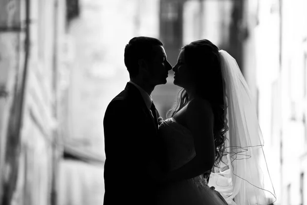 Silhouetten eines Hochzeitspaares küssen sich zwischen alten Gebäuden — Stockfoto