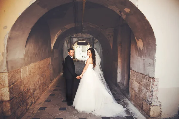 Bride and groom look over their shoulders walking in the alley — Stock Photo, Image