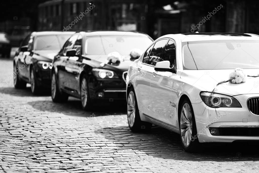 Black and white picture of a wedding procession of BMWs