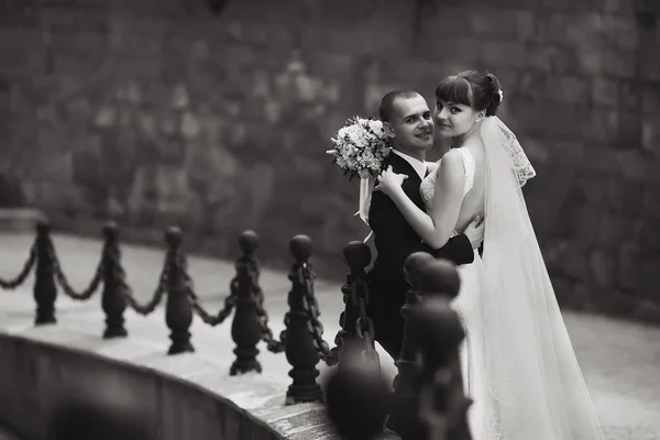 Preto e branco foto de impressionante casamento casal posando no o — Fotografia de Stock