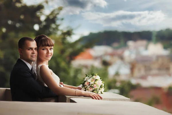 Noiva e noivo stand abraçando na varanda com grande landscap — Fotografia de Stock