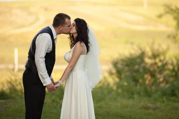 Alto noivo dobra-se para a noiva para um beijo enquanto está de pé sobre o f — Fotografia de Stock