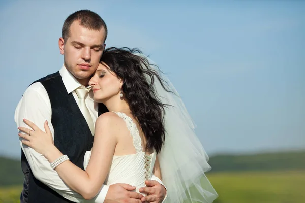 Brünette Braut mit zarten Locken lehnt sich an den Hals des Bräutigams, während enj — Stockfoto
