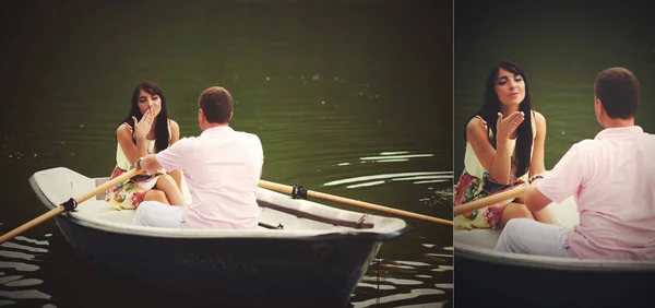 Double photo d'un couple dans le bateau et brune envoyant un — Photo