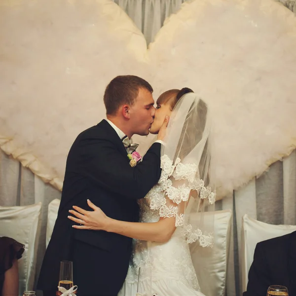 Groom kisses a bride with passion standing in the front of huge — Stock Photo, Image