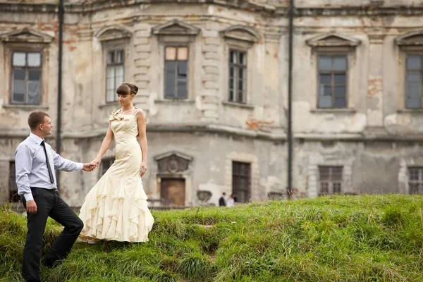 Gorgeous lady in evening gown walks down on the green hill — Stock Photo, Image