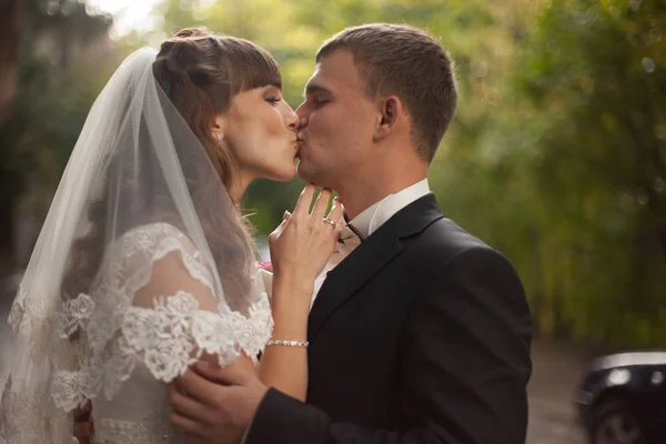 Yeşil sokakta duran yeni evliler çarpıcı yumuşak bir öpücük — Stok fotoğraf