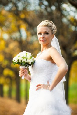 Bir sonbahar parkında poz onun omuz üzerinden kendine güvenen gelin görünüyor