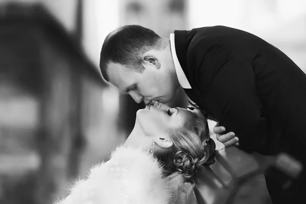 Bride leans her head to give groom a kiss while he stands above — Stock Photo, Image