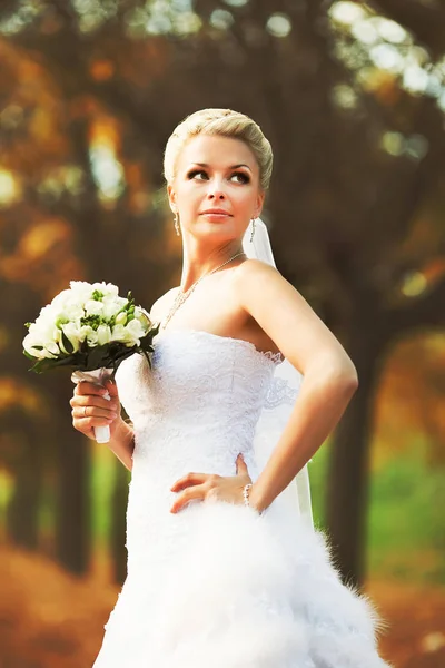 Charmante Braut blickt über ihre Schulter posiert in einem herbstlichen Park — Stockfoto