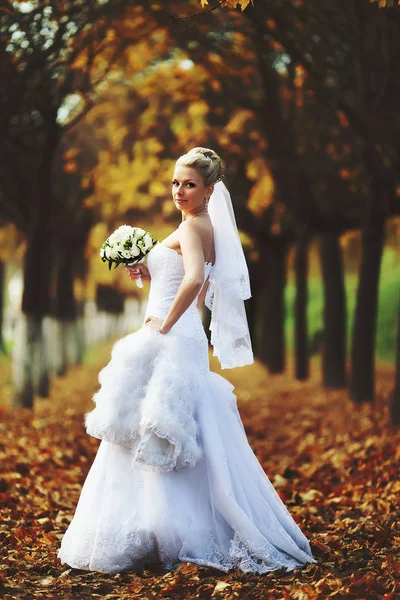 Sposa tiene una pelliccia tra le braccia in piedi sulle foglie d'oro — Foto Stock