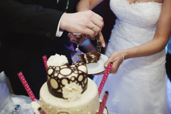 Жених и невеста держат вилки поверх куска торта — стоковое фото