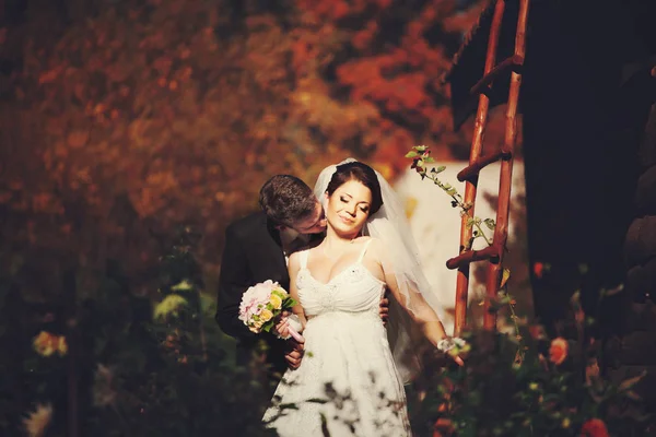 Νύφη απολαμβάνει φιλί του γαμπρού ενώ στέκεται στον κήπο — Φωτογραφία Αρχείου