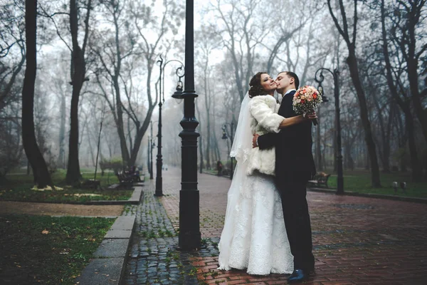 Sposo baci sposa collo in piedi nel nebbioso parco autunnale — Foto Stock