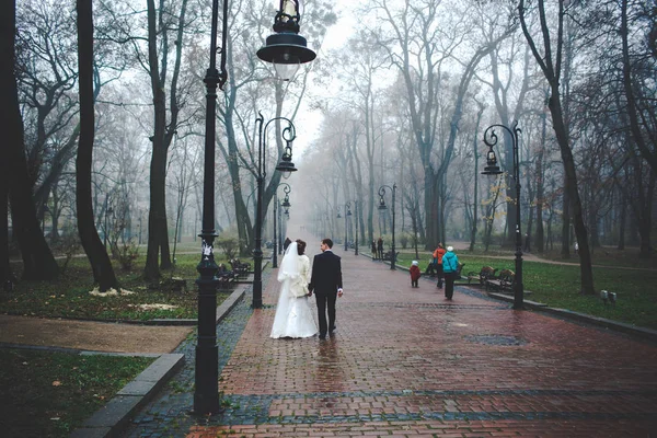 Newlyweds talk while walking under the lanterns in the foggy par