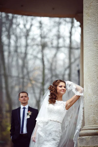 Ragionevole sposa si appoggia con il gomito sul pilastro di marmo in th — Foto Stock