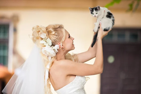 Blonde Braut lächelt und hebt ein kleines Kätzchen in die Luft — Stockfoto