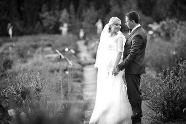 Şık gelin damat arasındaki exoti geçidinde ayakta görünüyor