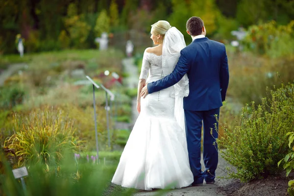 Жених обнимает элегантную невесту прогуливаясь по тропинке в саду тха — стоковое фото