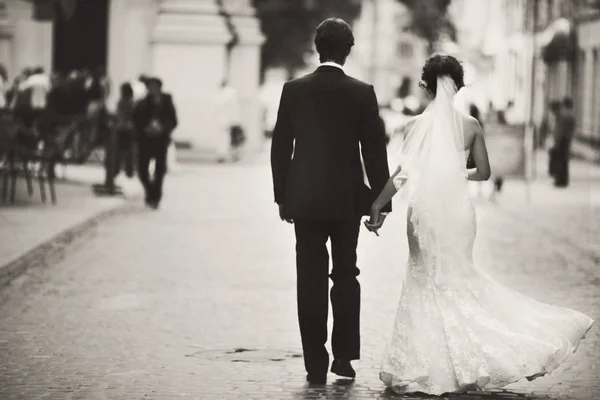 Imagem em preto e branco de recém-casados segurando as mãos firmemente — Fotografia de Stock