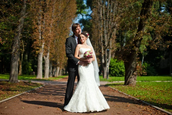 Groom jaz seu queixo sobre a cabeça da noiva abraçando-a no parque — Fotografia de Stock