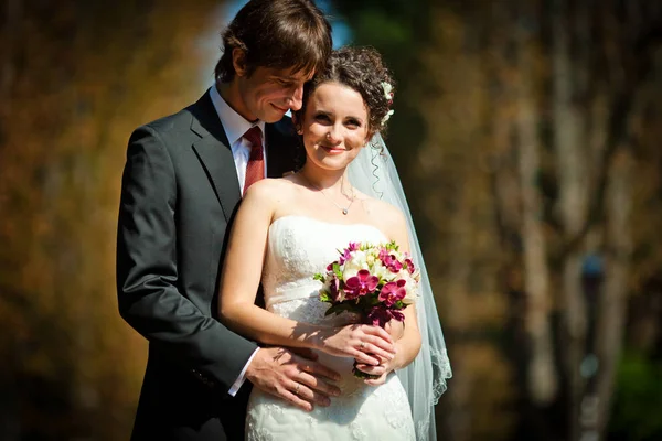 Felice sposo si appoggia alla sposa riccia in piedi nel parco — Foto Stock