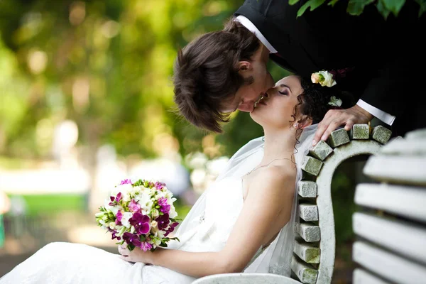 Sposo bacia una sposa in piedi sopra di lei dietro una panchina — Foto Stock