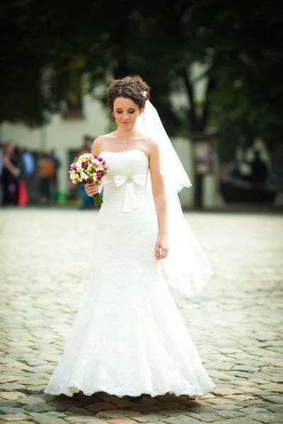 Piccola sposa bruna cammina attenta sul marciapiede — Foto Stock
