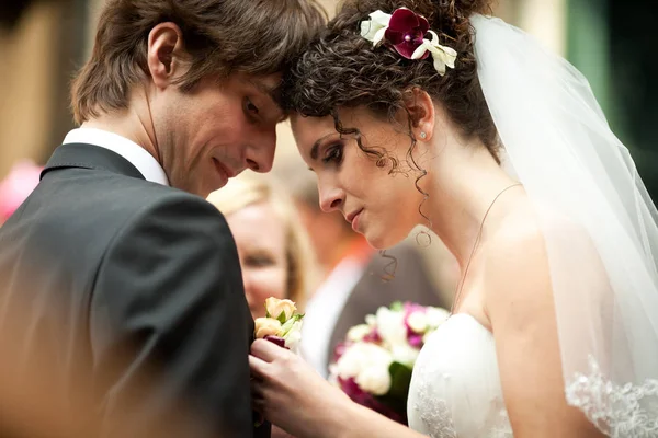 Curly bride pins a boutonniere to groom's black jacket — Stock Photo, Image