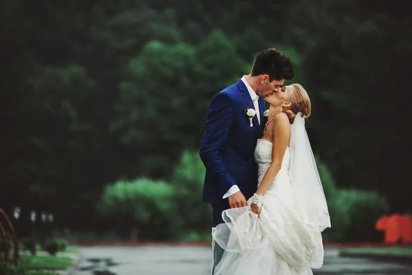 Γαμπρός με κομψά μαλλιά φιλιά μια μικροσκοπική ξανθιά νύφη στο πάρκο — Φωτογραφία Αρχείου