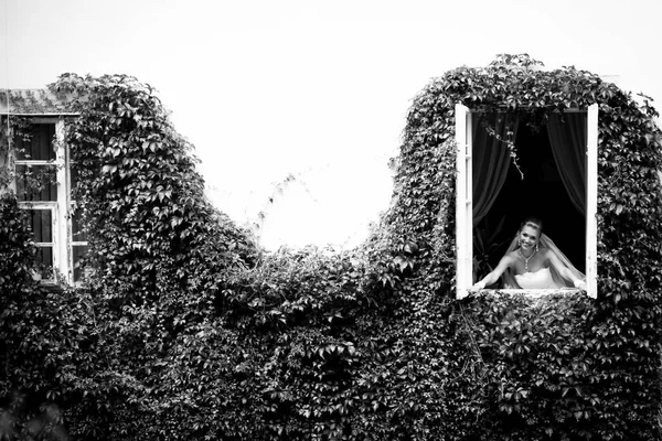 Egy pillantást a kívül a szép menyasszony, támaszkodva egy ablakpárkányon su — Stock Fotó