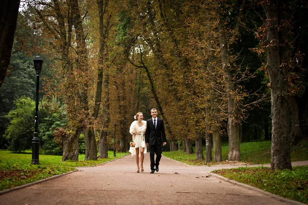 Casal elegante caminha ao longo da estrada em um parque vazio — Fotografia de Stock